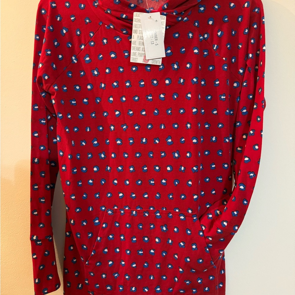 LuLaRoe Red Amber Hoodie with Blue and White Floral Design